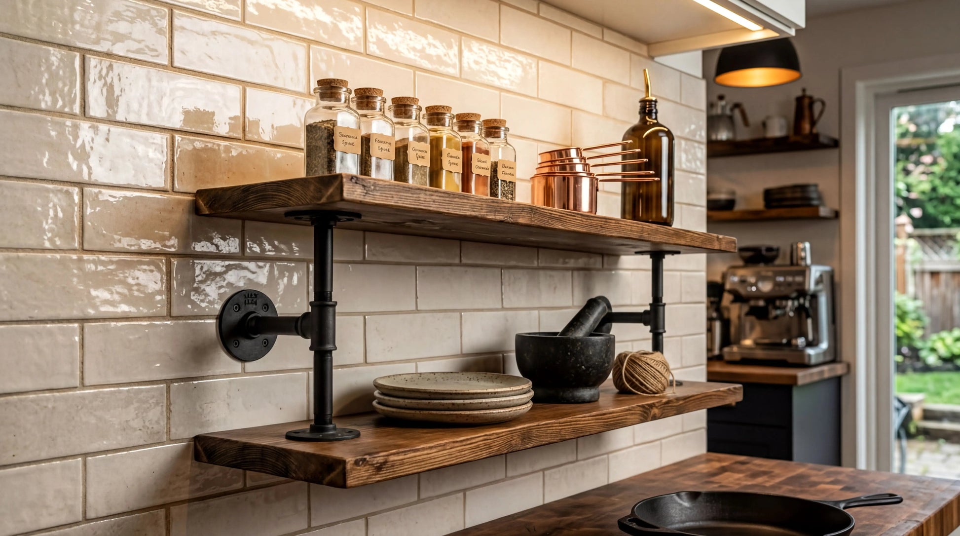 Industrial Pipe Shelf – Solid Wood & Black Steel Brackets - Industrial Maestro