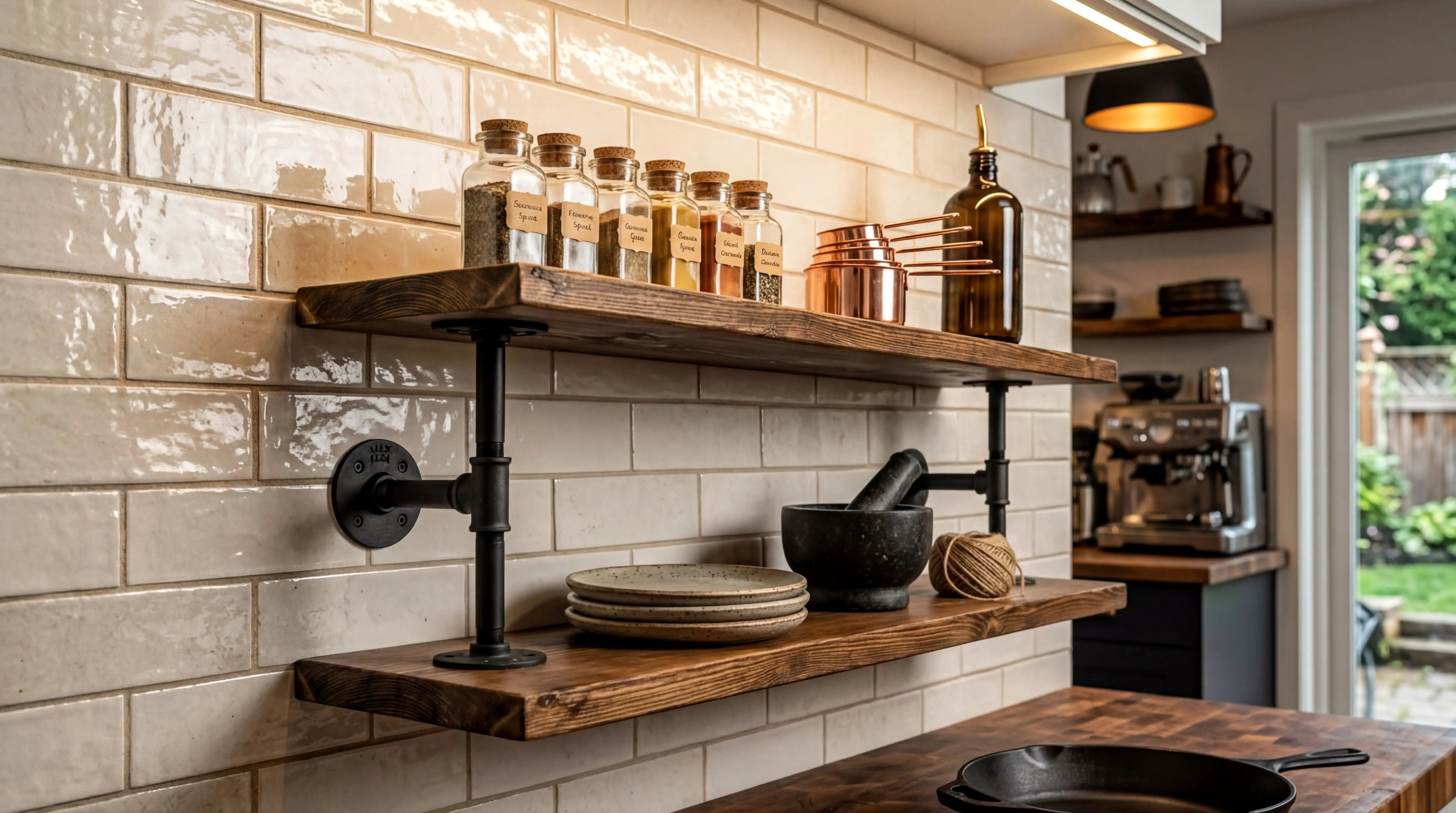 Industrial Pipe Shelf – Solid Wood & Black Steel Brackets - Industrial Maestro