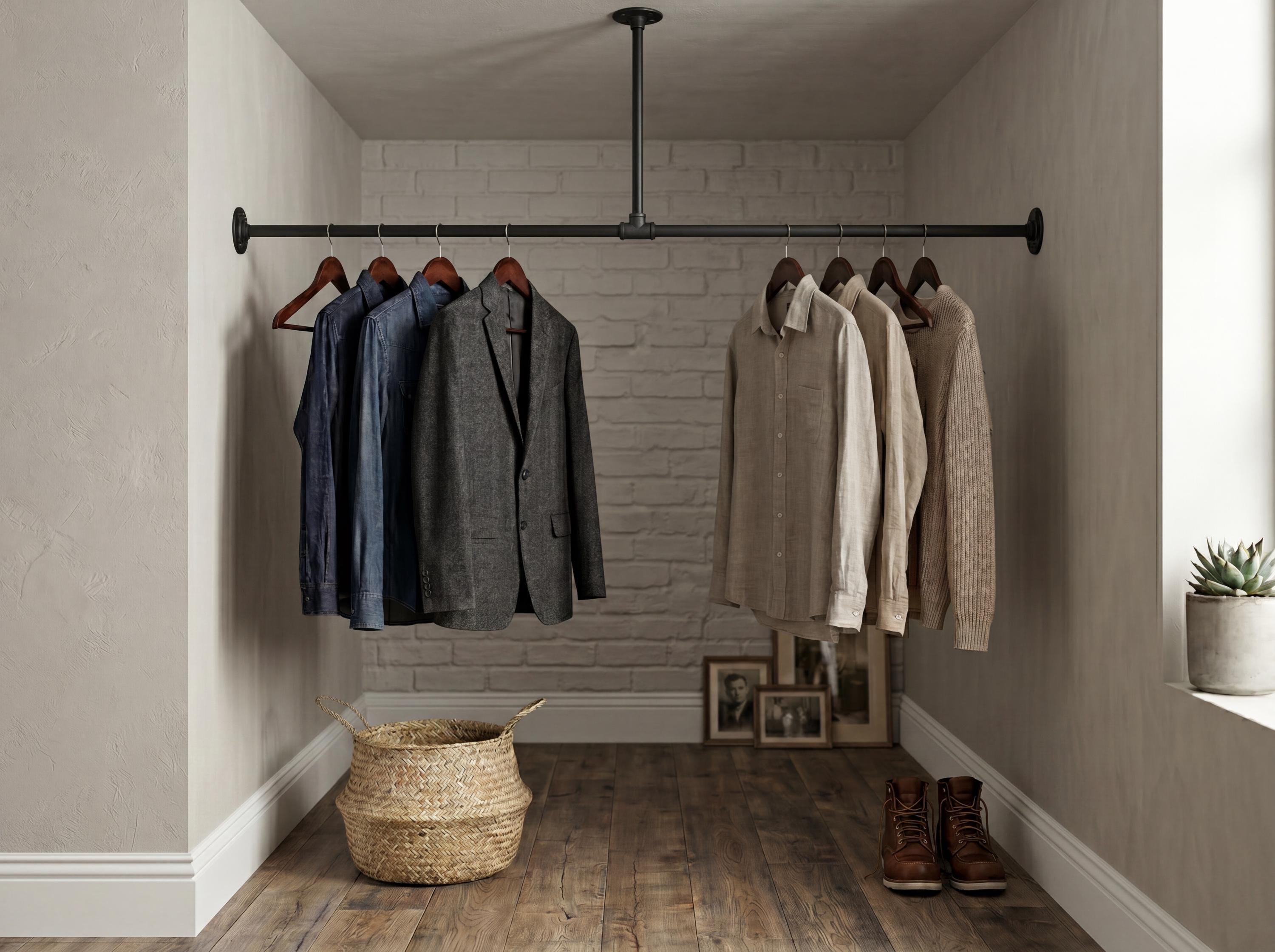 Industrial Pipe Clothing Rack – Wall to Wall & Ceiling