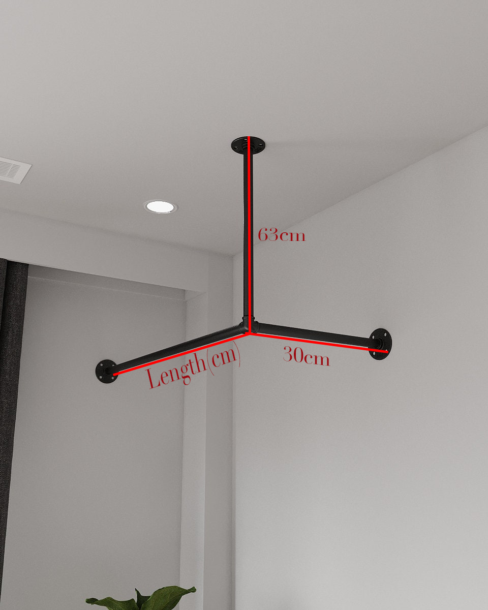 Sleek Ceiling Corner Clothes Racking system, suspended from the ceiling, offering a modern and space-saving solution for clothing storage.
