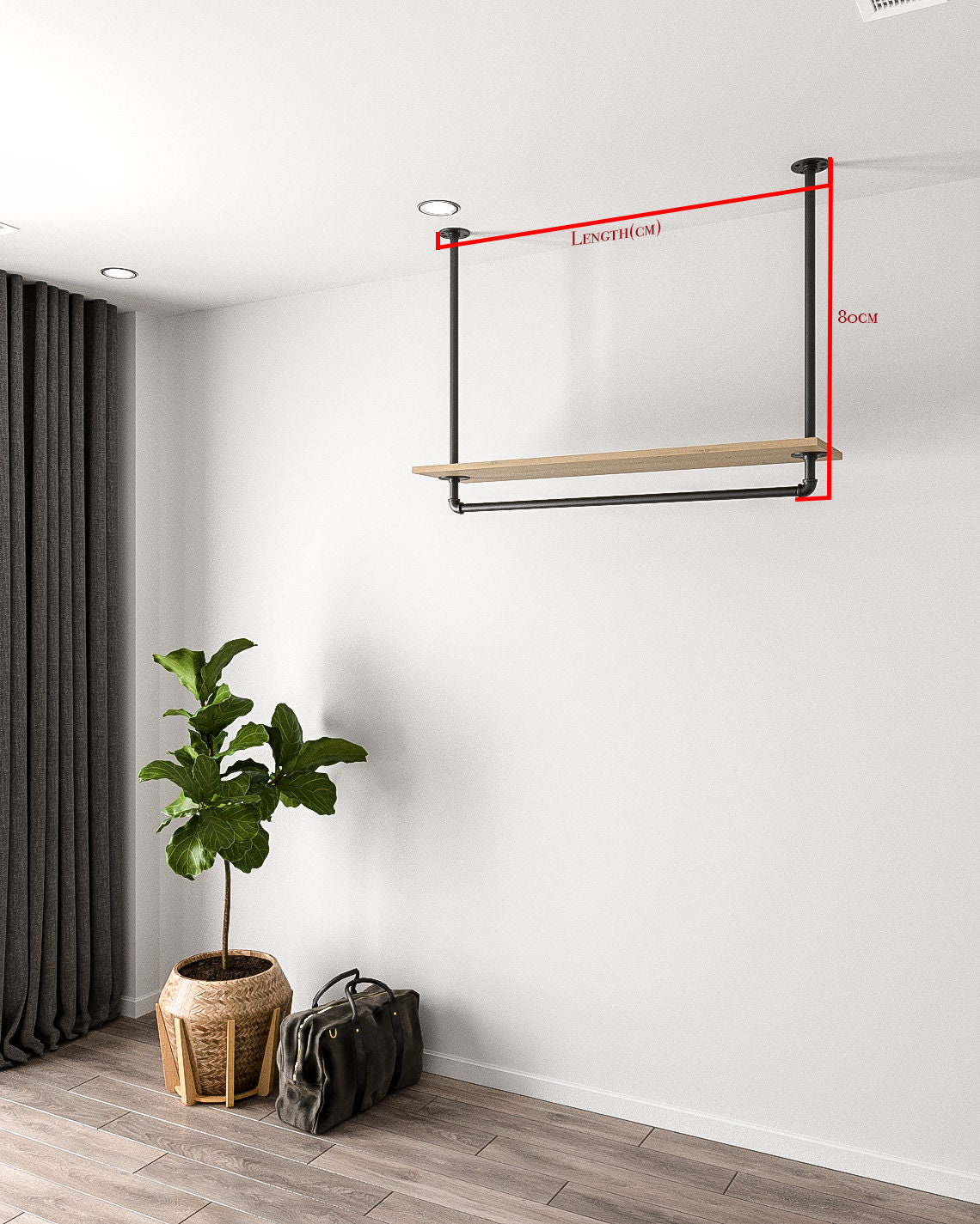 eiling-mounted clothes rack in industrial vintage design, perfect for organizing garments and accessories.