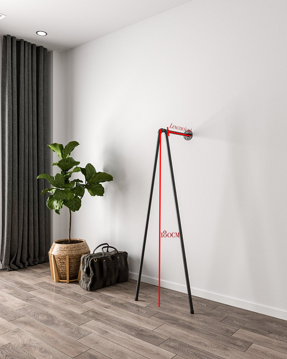 Iblu Clothes Rail, a wall-mounted and floor-supported industrial pipe clothes rail, showcasing its heavy-duty design."