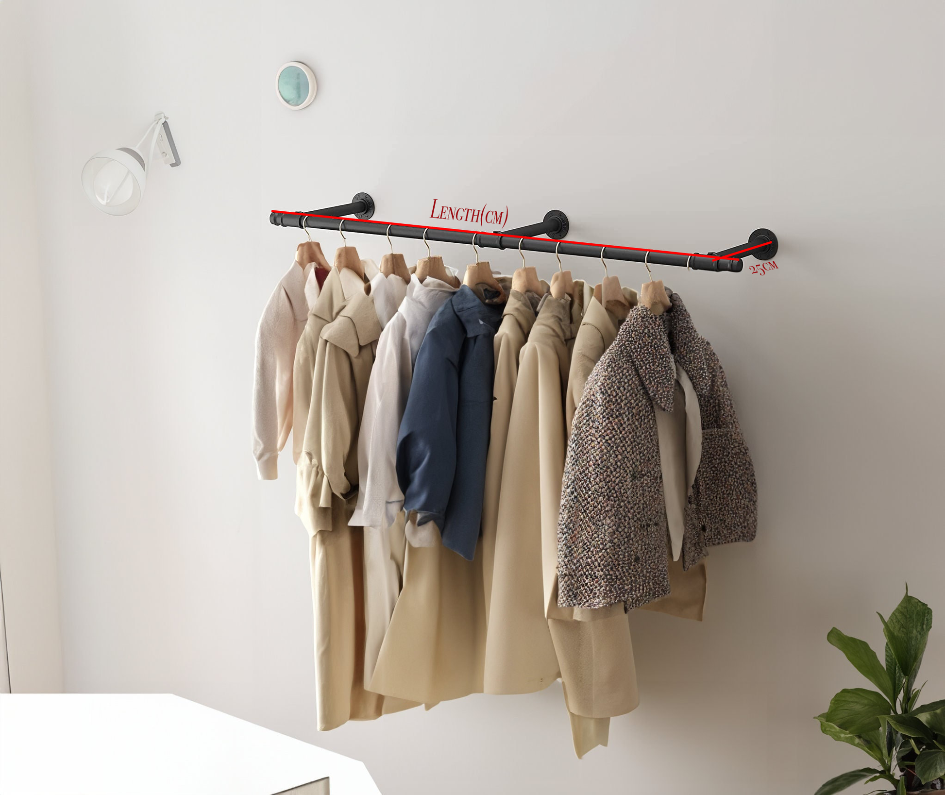 Retro wall-mounted hanging clothing rack, showcasing its design and capacity to hold many pieces of clothing.