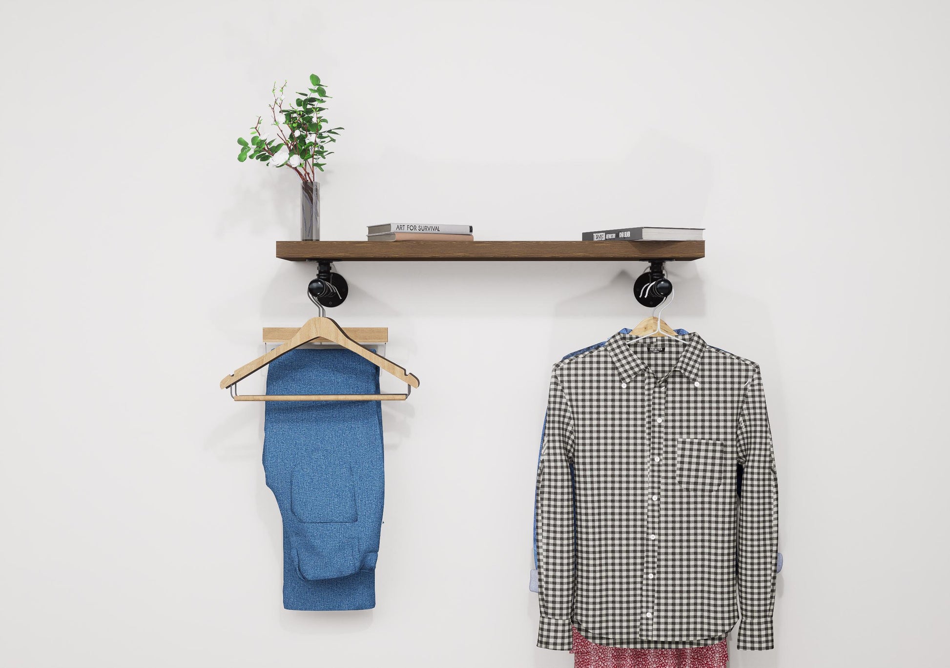 Industrial-style wall shelf with wooden top and metal hanging rail, perfect for organizing clothes and adding a rustic touch