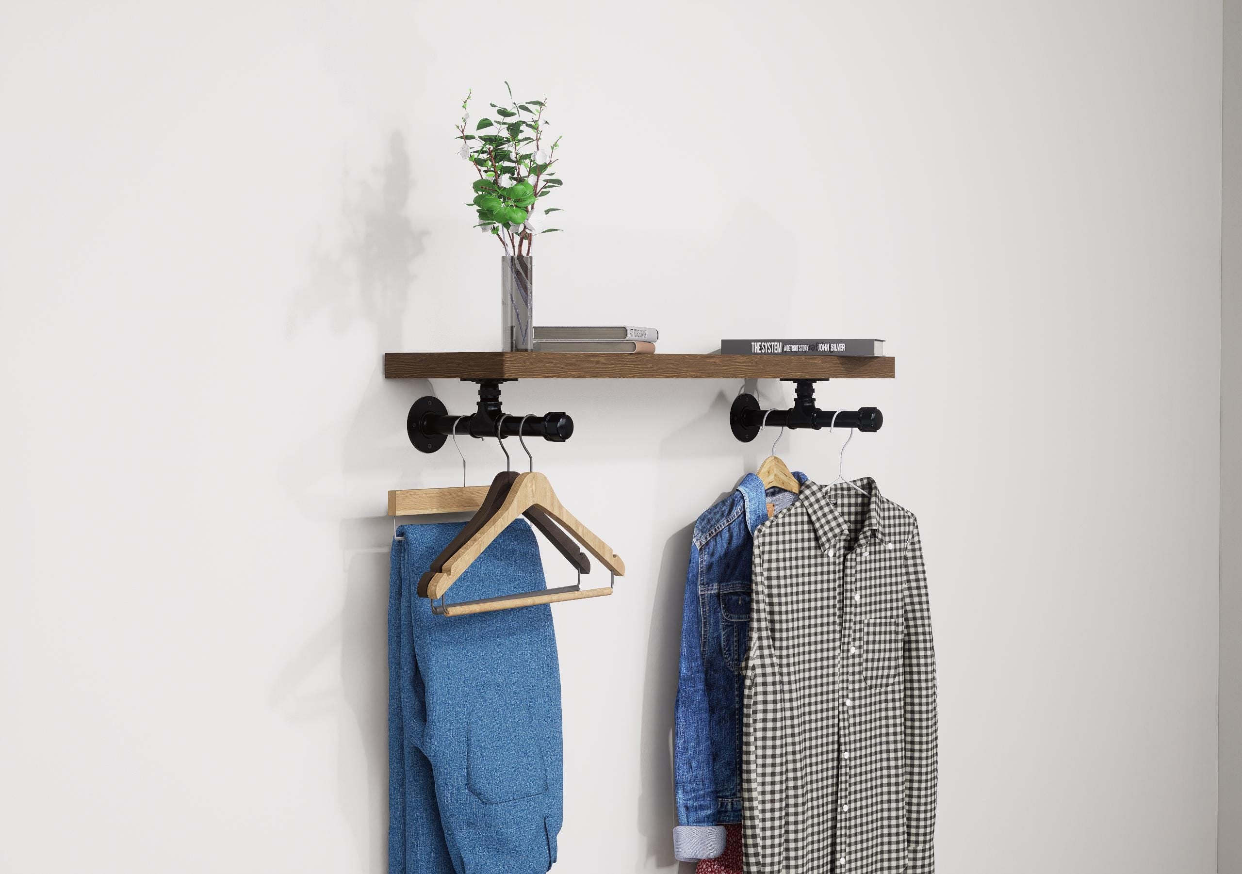 Industrial-style wall shelf with wooden top and metal hanging rail, perfect for organizing clothes and adding a rustic touch