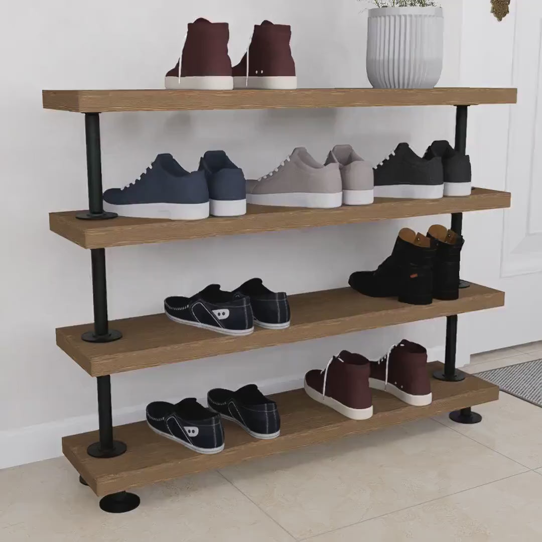 Load video: Rustic Tiered Shoe Rack: Wooden Shelves, Industrial Farmhouse Entryway Organizer