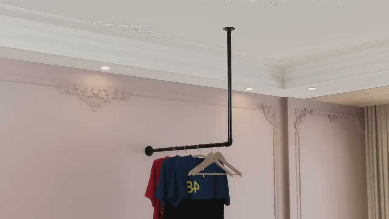 Load video: L-Shaped Wall &amp; Ceiling Mounted Clothing Rack