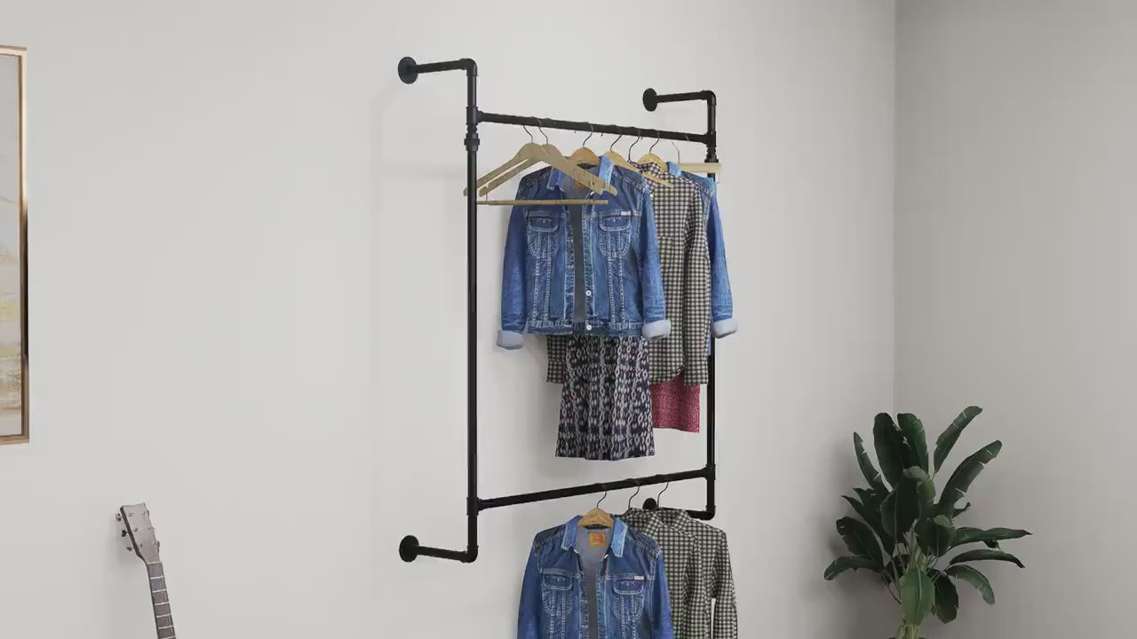 Load video: Heavy-Duty Wall-Mounted Clothes Rail - Industrial Pipe Garment Hanging Rack Made To Order