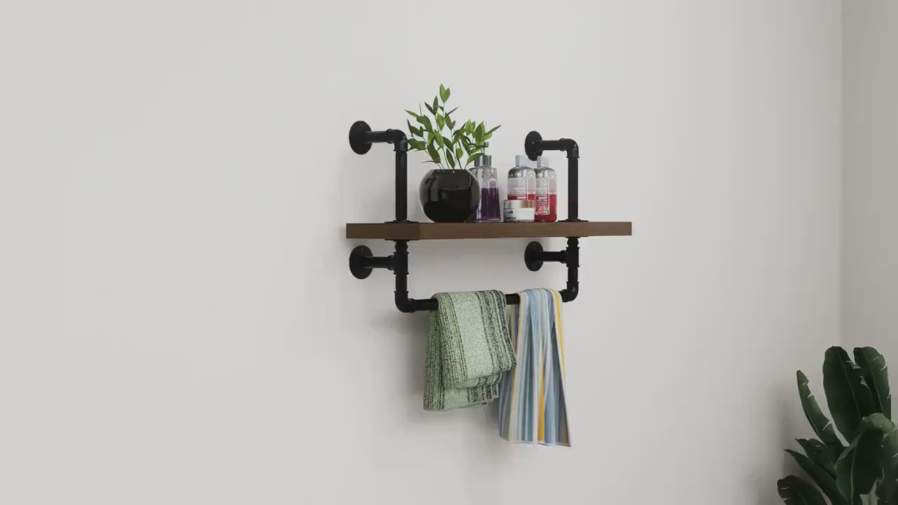 Load video: Industrial Pipe Wall Shelf with Towel Bar Rustic Wood Floating Shelf for Bathroom, Kitchen or Entryway Storage Farmhouse Decor