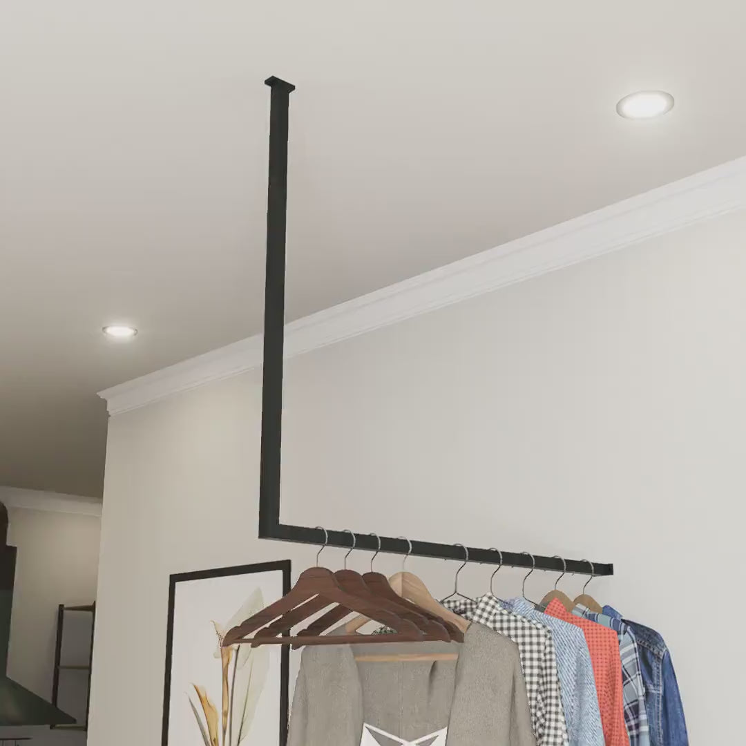 Load video: L-Shaped Corner Clothes Rail Wall-Mounted Industrial Hanger Black Steampunk Clothes Rack Organizer