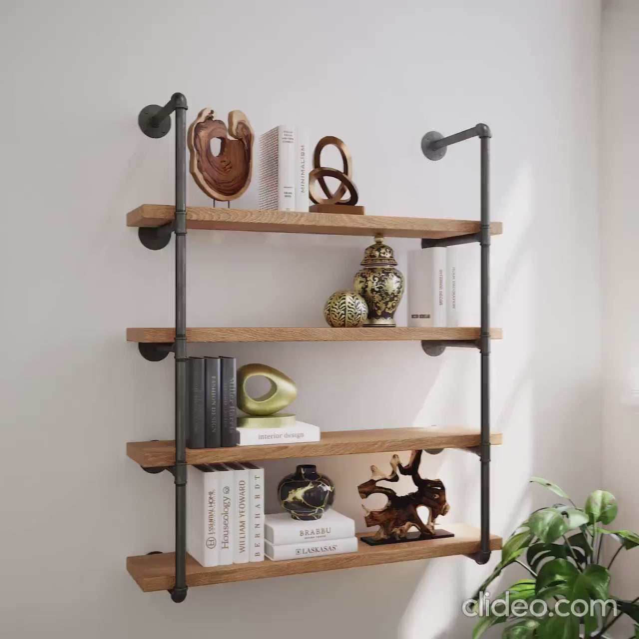 Load video: Industrial Floating Wood Shelves Rustic Farmhouse Pipe Wall Unit Open Kitchen &amp; Bookcase Shelving