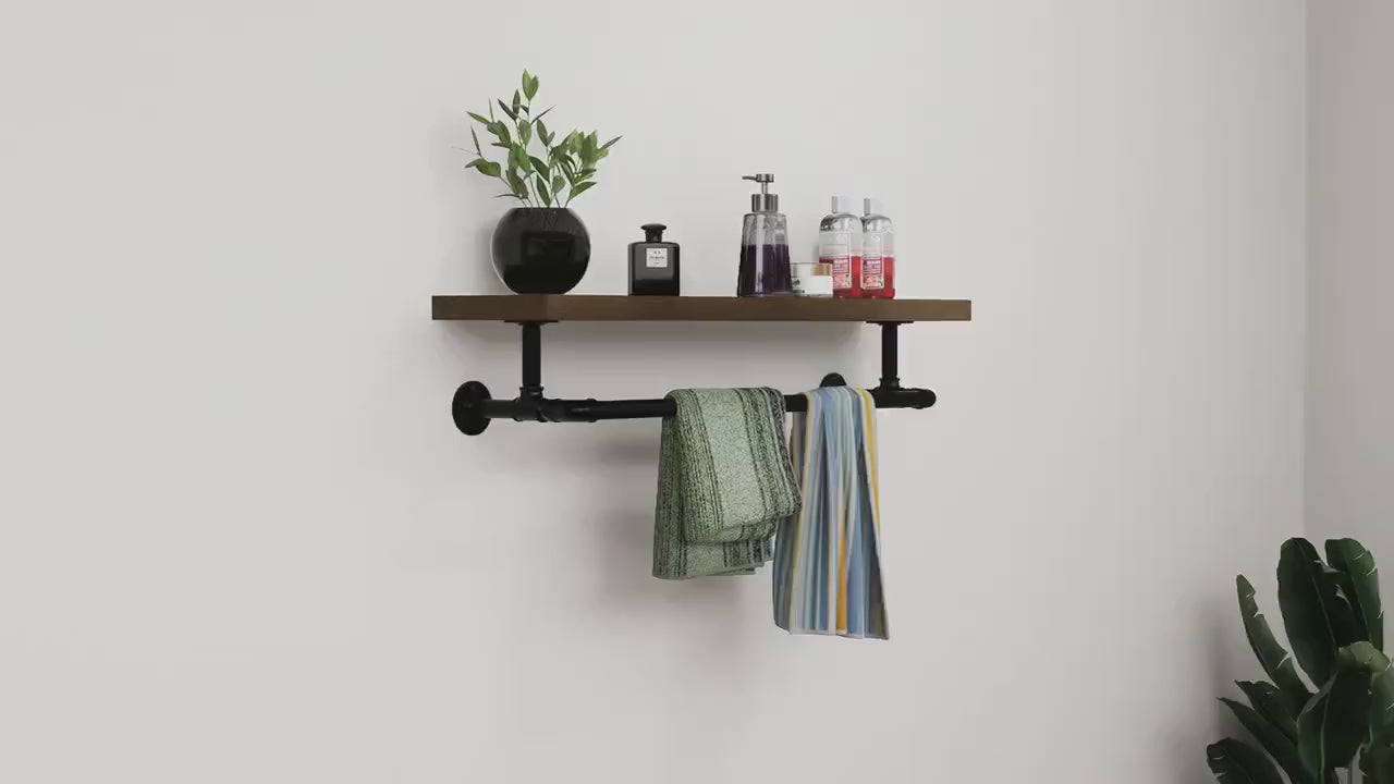 Load video: Steampunk Pipe Towel Holder with Shelf