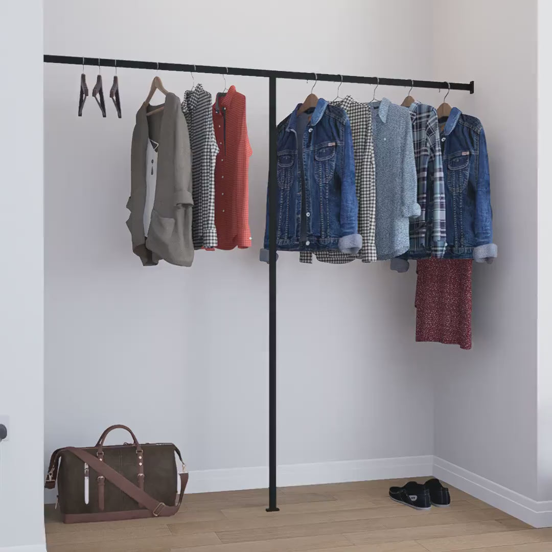 Load video: Wall to Wall Clothes Rack – Square Pipe Rail