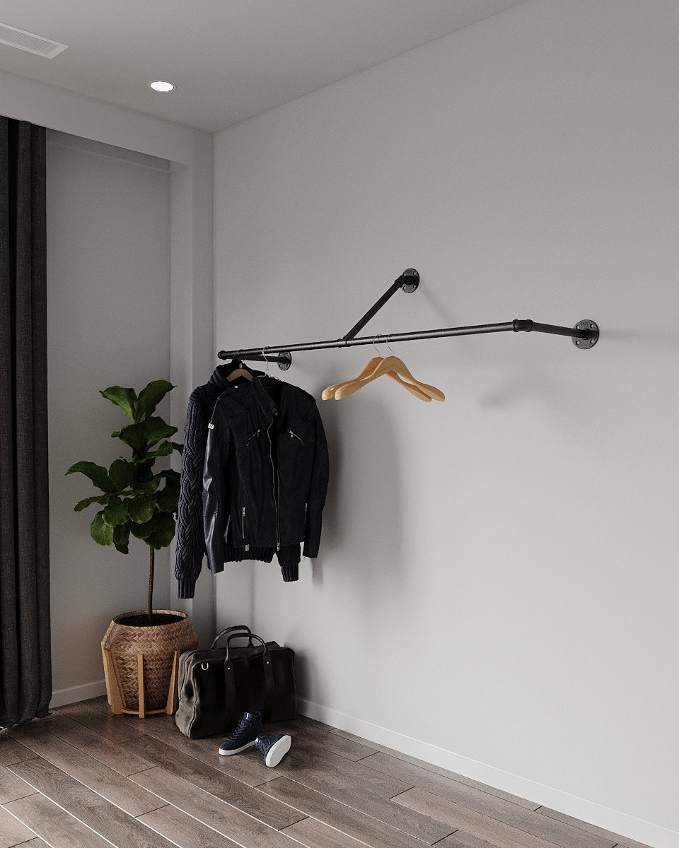 "Industrial Pipe Wall-Mounted Clothing Racks, sturdy and versatile clothes racks suitable for home, retail, or commercial use.